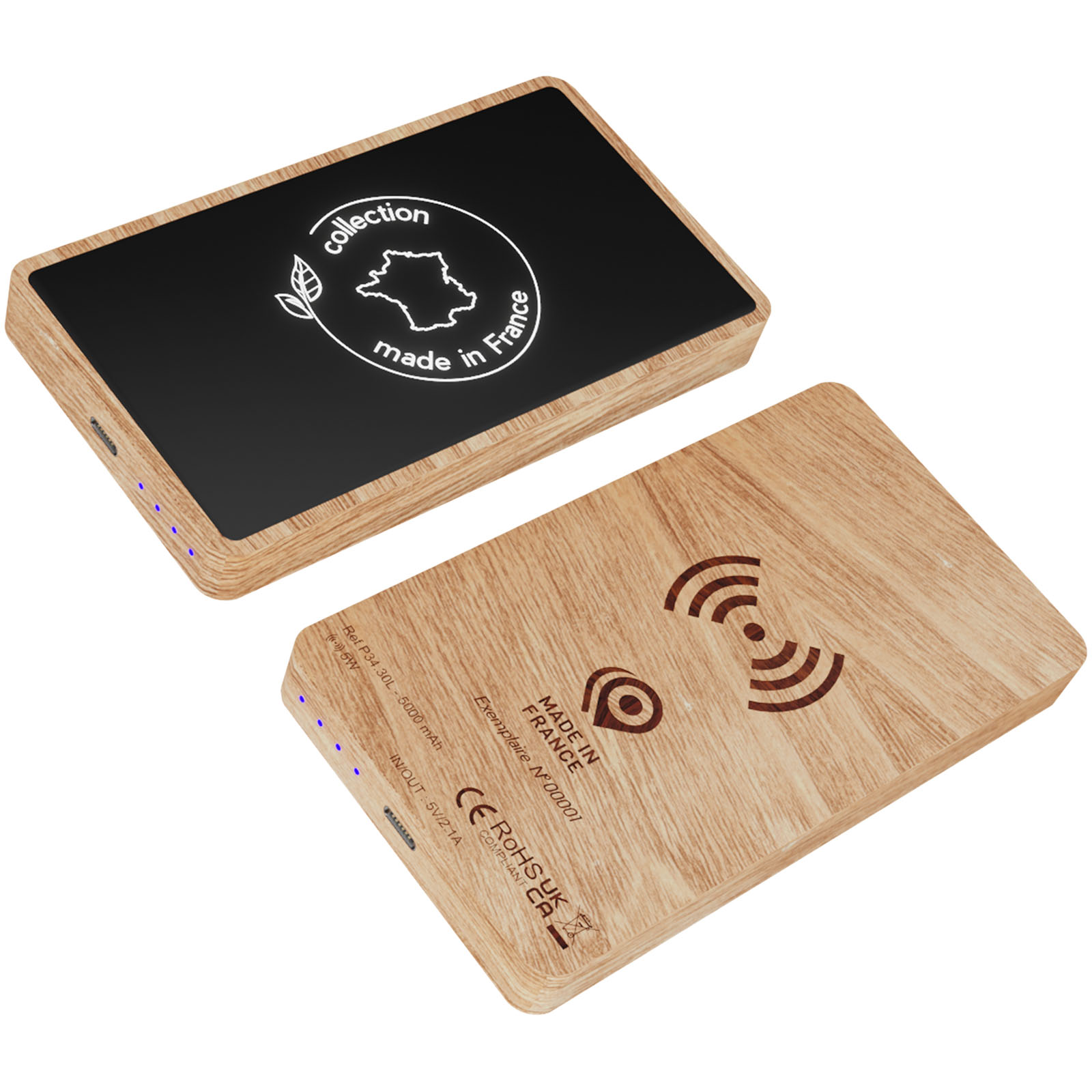 Power Bank in legno da 5000 mAh con ricarica wireless e logo luminoso - Castiglione delle Stiviere