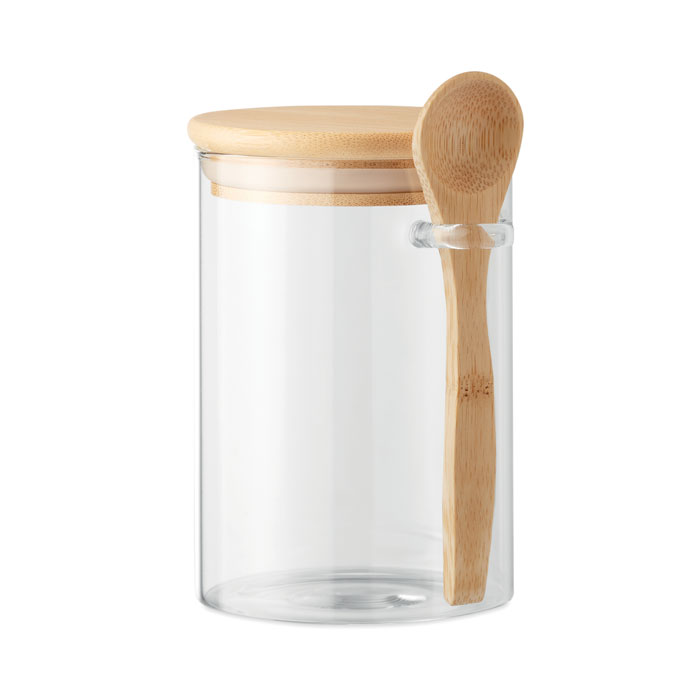 Vaso di conservazione in vetro borosilicato con coperchio in bambù e cucchiaio - 600 ml