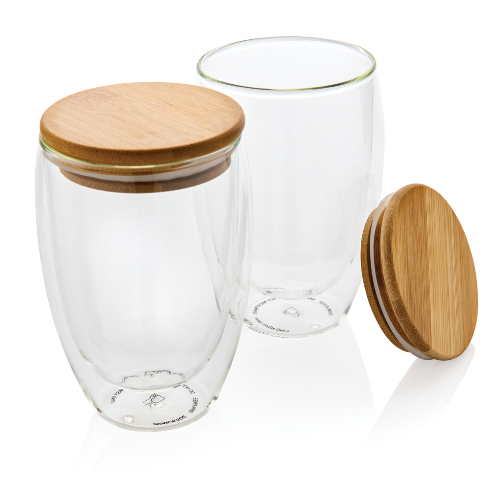 Set di bicchieri di vetro borosilicato a doppia parete con coperchio in bambù 350ml - Calcinato