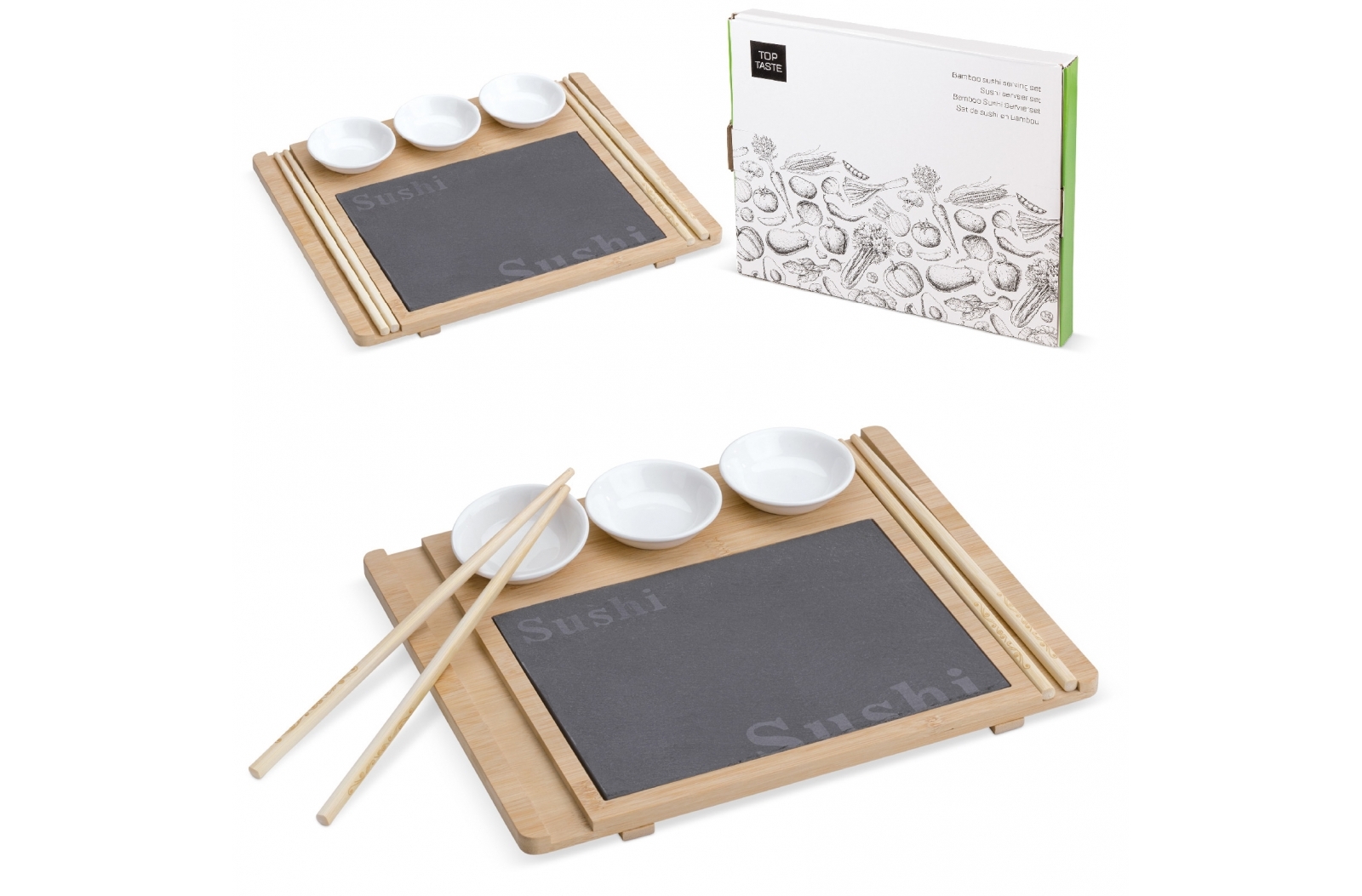 Set da sushi in legno per due persone con inserto in ardesia e ciotole in ceramica - Mairago