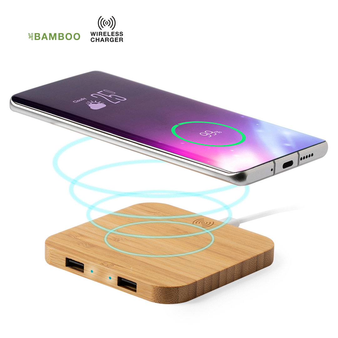 Caricabatterie Wireless in Bamboo Naturale con Doppia Uscita USB - Azzate